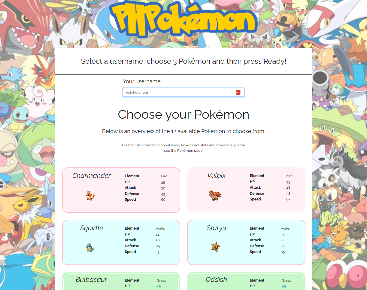 A screenshot of the PHPokemon game.